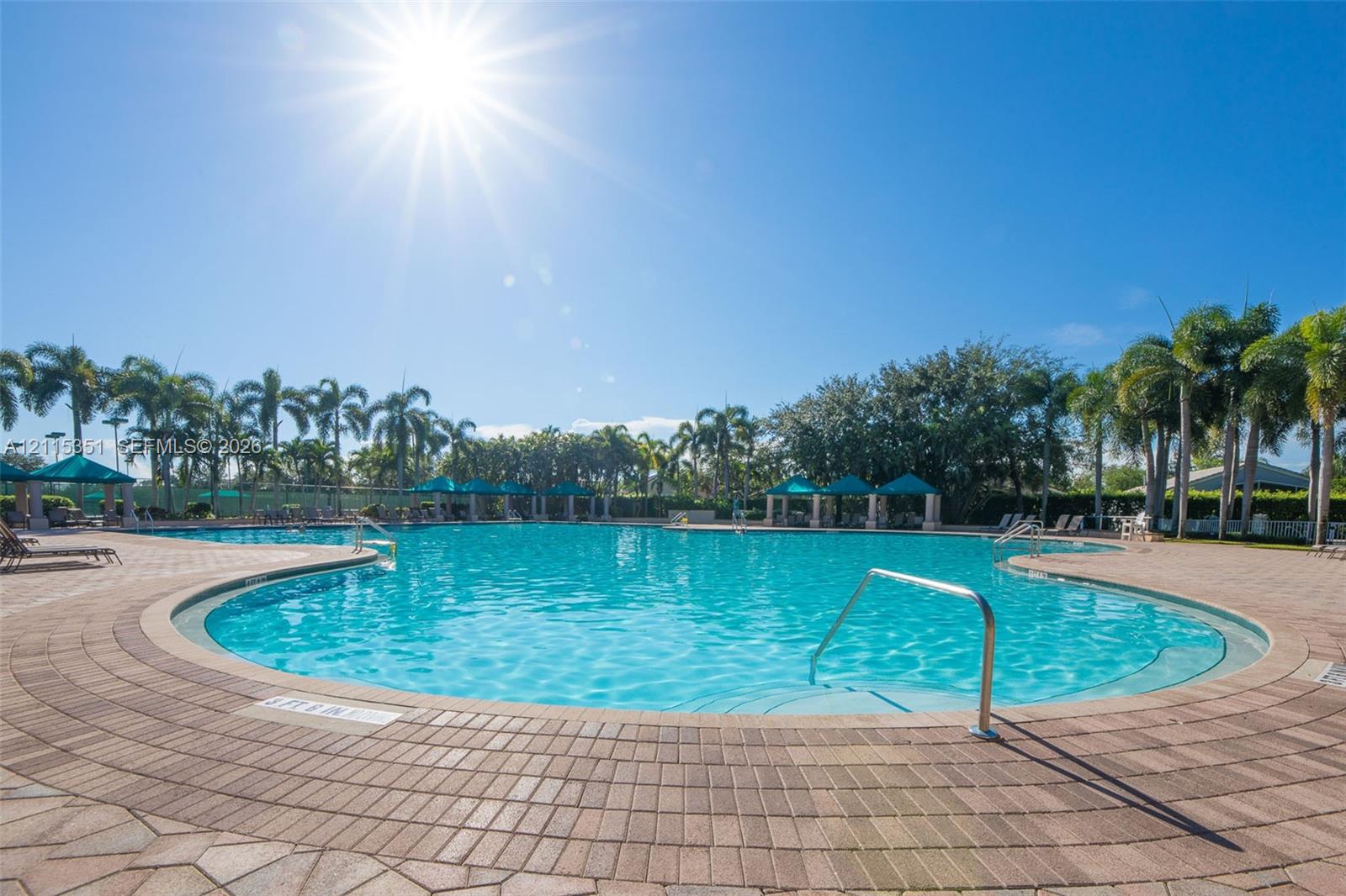 In-ground swimming pool featuring a brick paver surround, metal entry rails, and mature palm tree landscaping