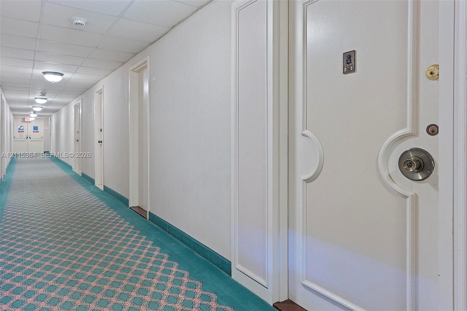 Interior hallway featuring recessed panel doors, patterned carpeting, and flush-mount ceiling lighting
