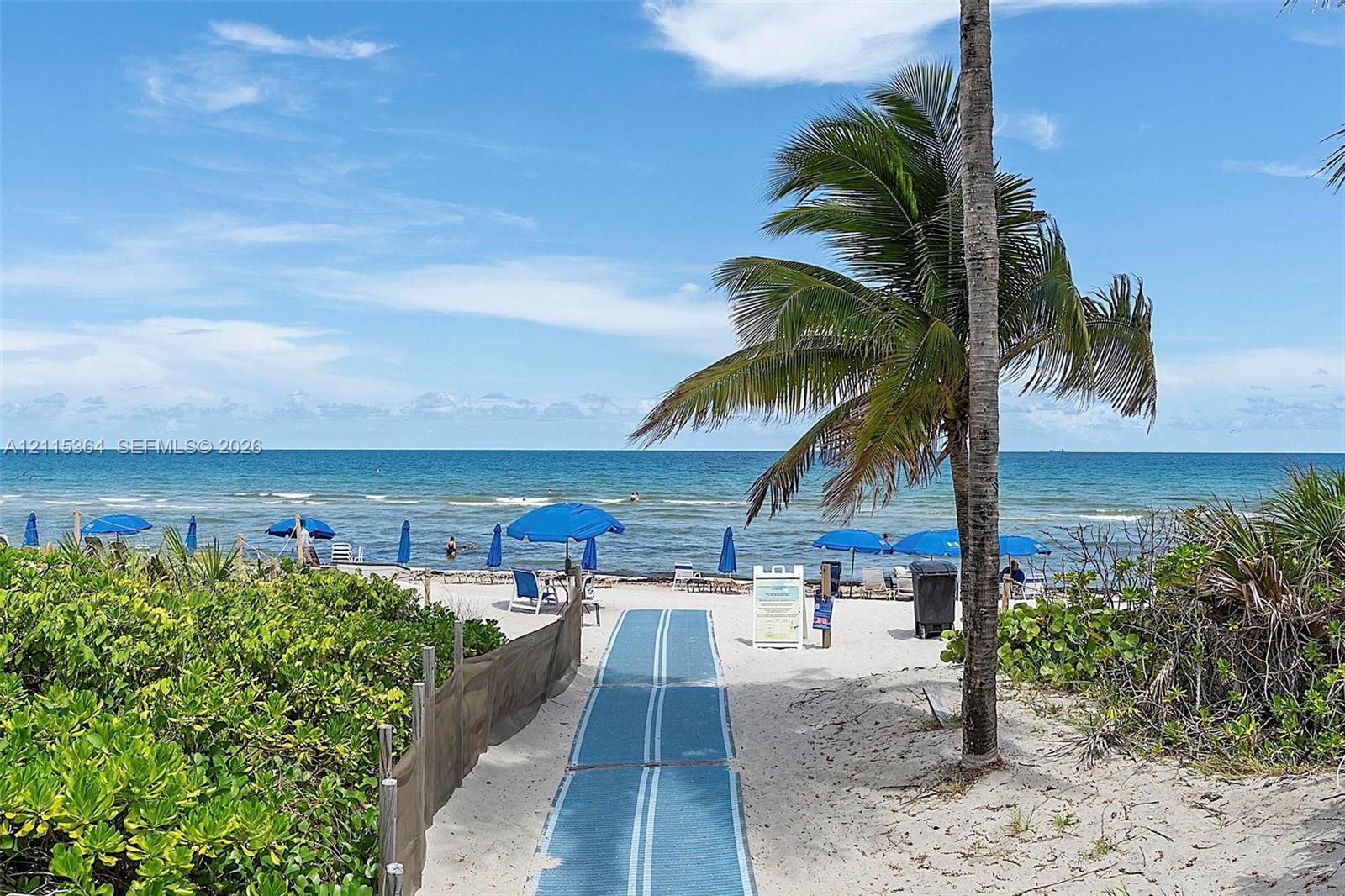 Beachfront access featuring a direct sandy path, sand-dune vegetation, and mature palm trees
