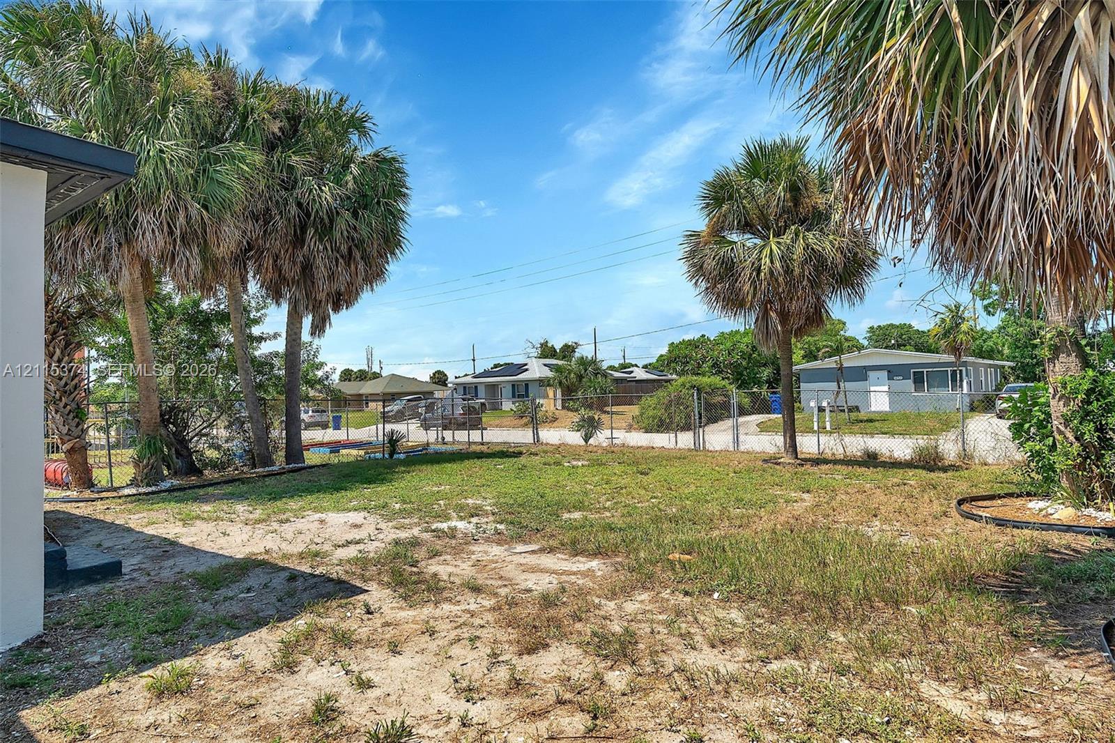 Open backyard area featuring mature palm trees, perimeter chain-link fencing, and sandy turf