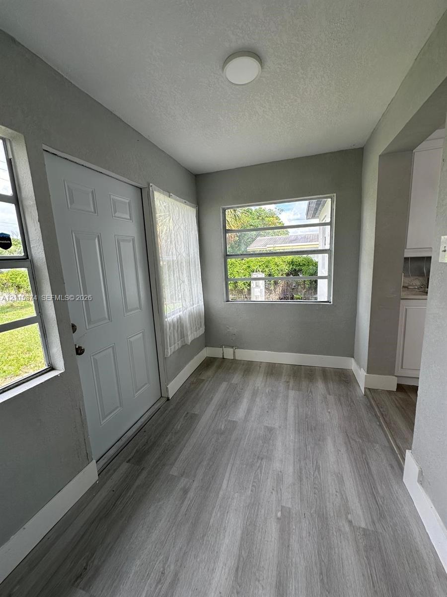 Neutral-toned interior space featuring wood-finish flooring, multi-pane windows, and a panel door