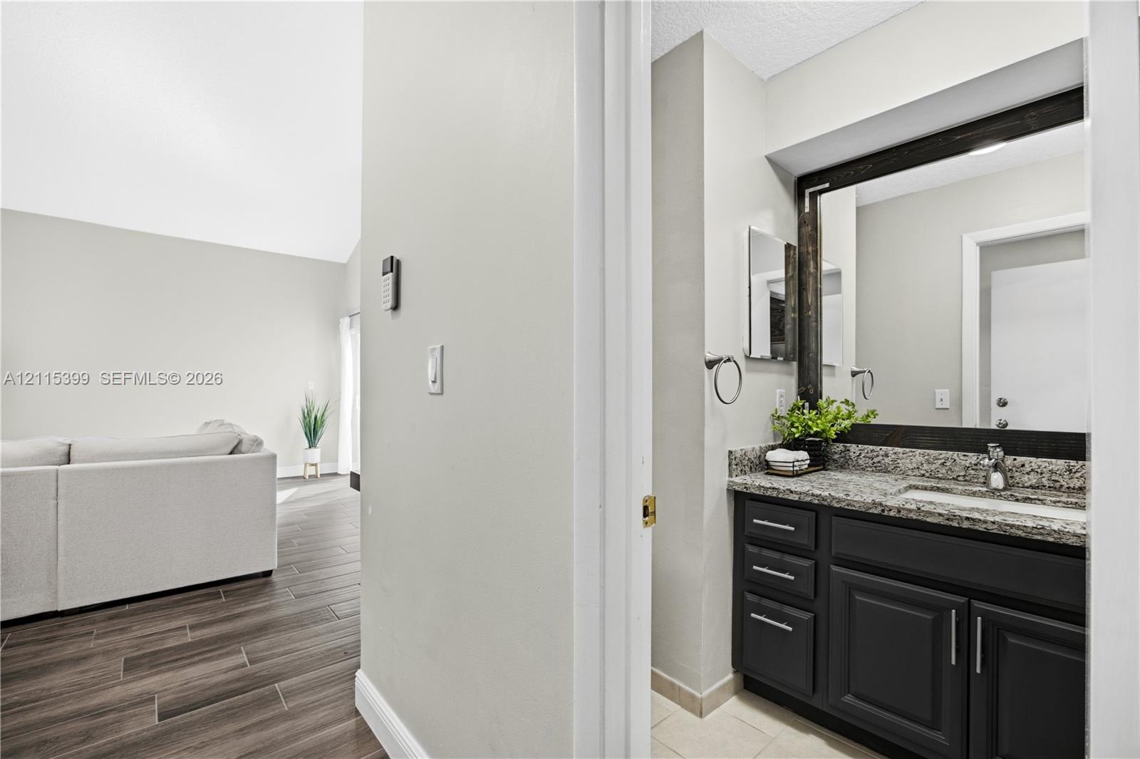 Bathroom featuring a dark-finish vanity with stone-patterned countertop, an undermount sink, and a large framed mirror
