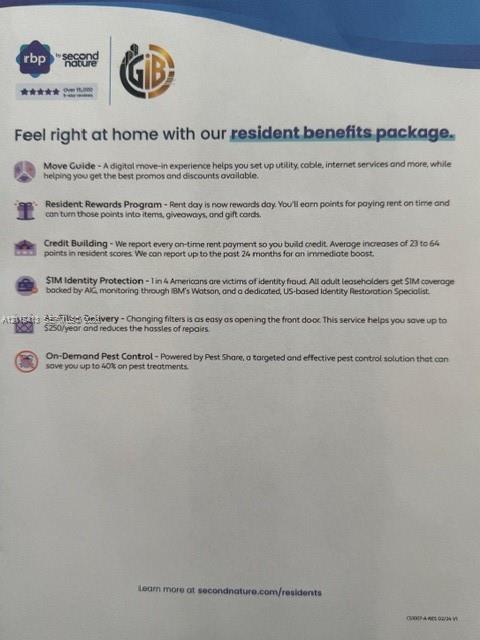 Resident Benefits Package. Listing the utility, credit, protection, and maintenance services provided for the property