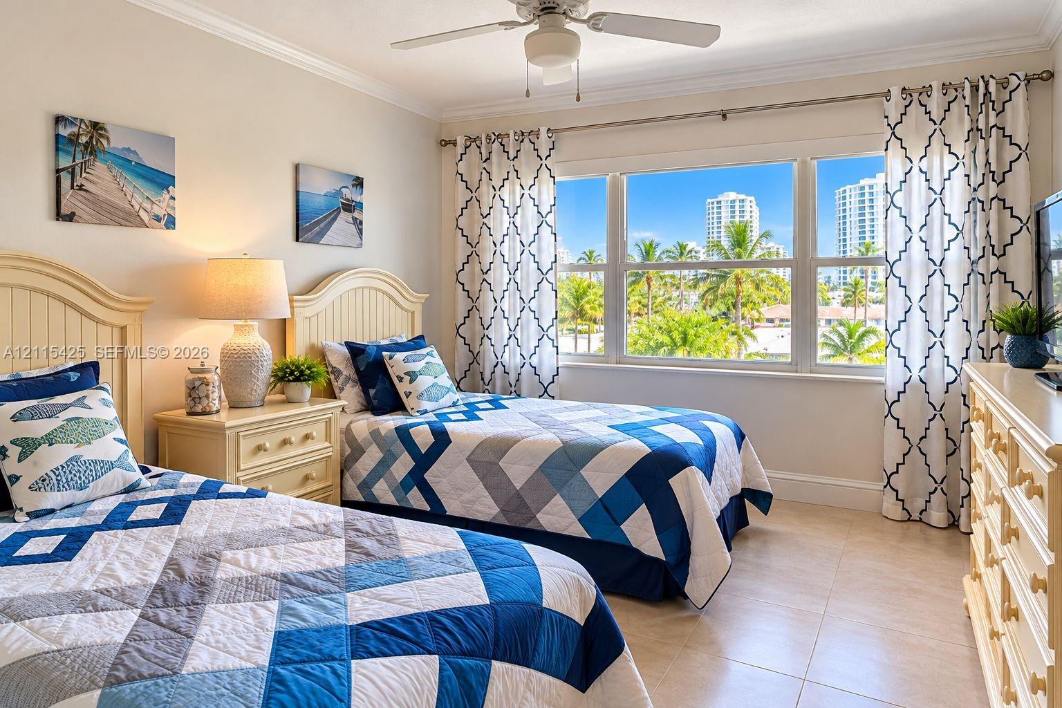 Large multi-pane window with natural light exposure, tile flooring, crown molding, and ceiling fan