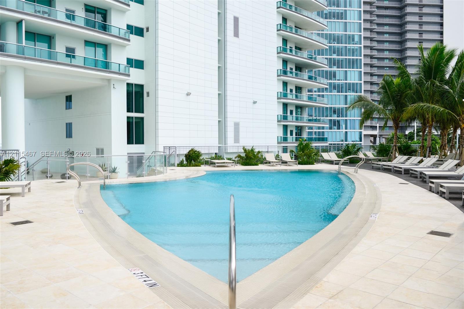 Curved swimming pool featuring stone-tile decking, integrated entry steps, and polished metal handrails