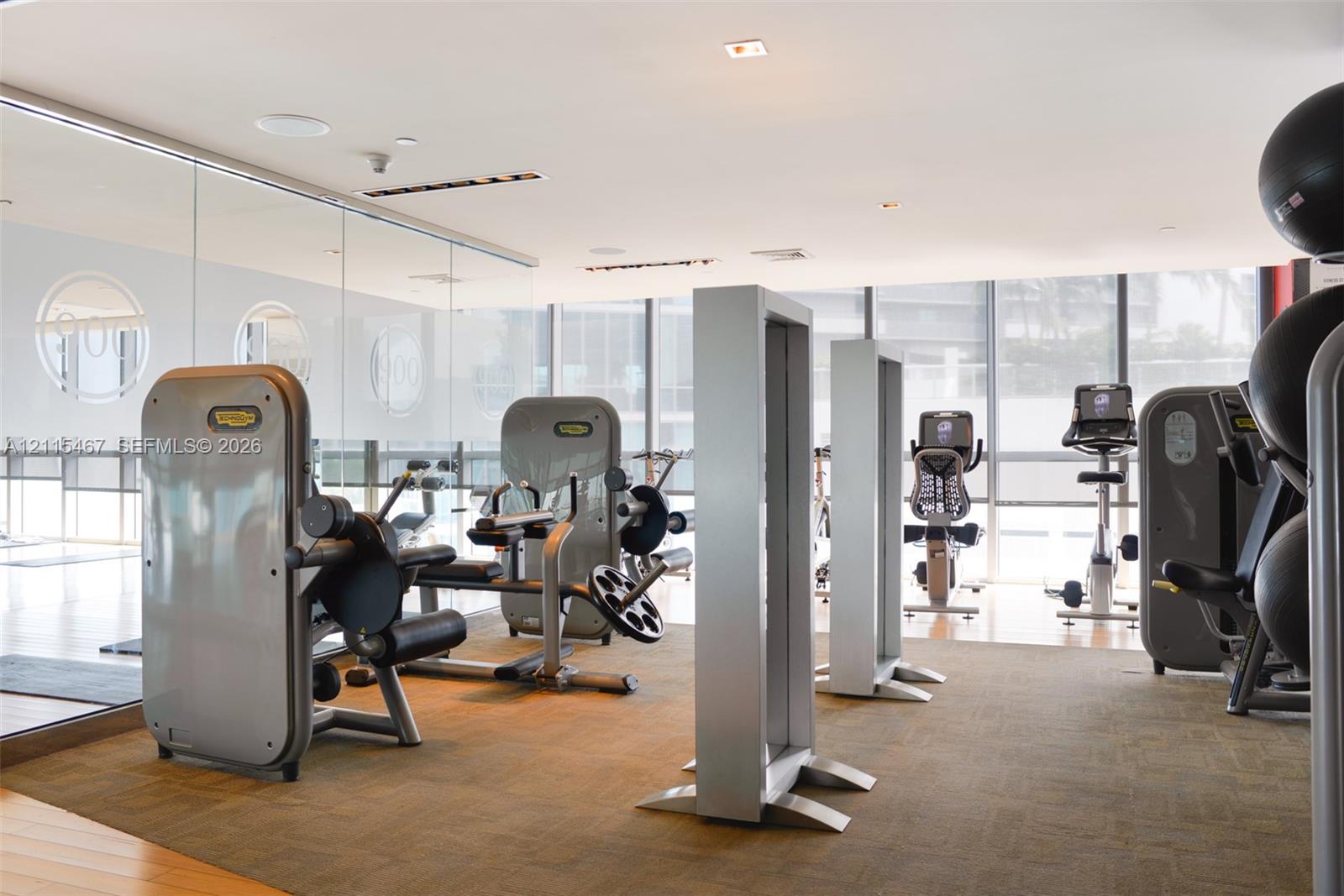Fitness facility featuring floor-to-ceiling glass windows, recessed ceiling lighting, large-scale wall mirrors, and integrated sound system speakers