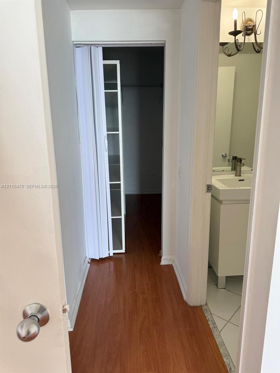 Wood-finish flooring, white vanity with integrated basin, multi-arm wall-mounted light fixture, and walk-in closet featuring built-in shelving