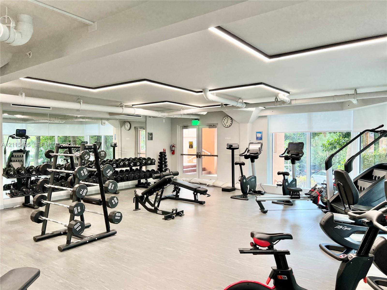 Fitness area featuring linear recessed LED ceiling lighting, full-wall mirrors, light-toned resilient flooring, and expansive windows