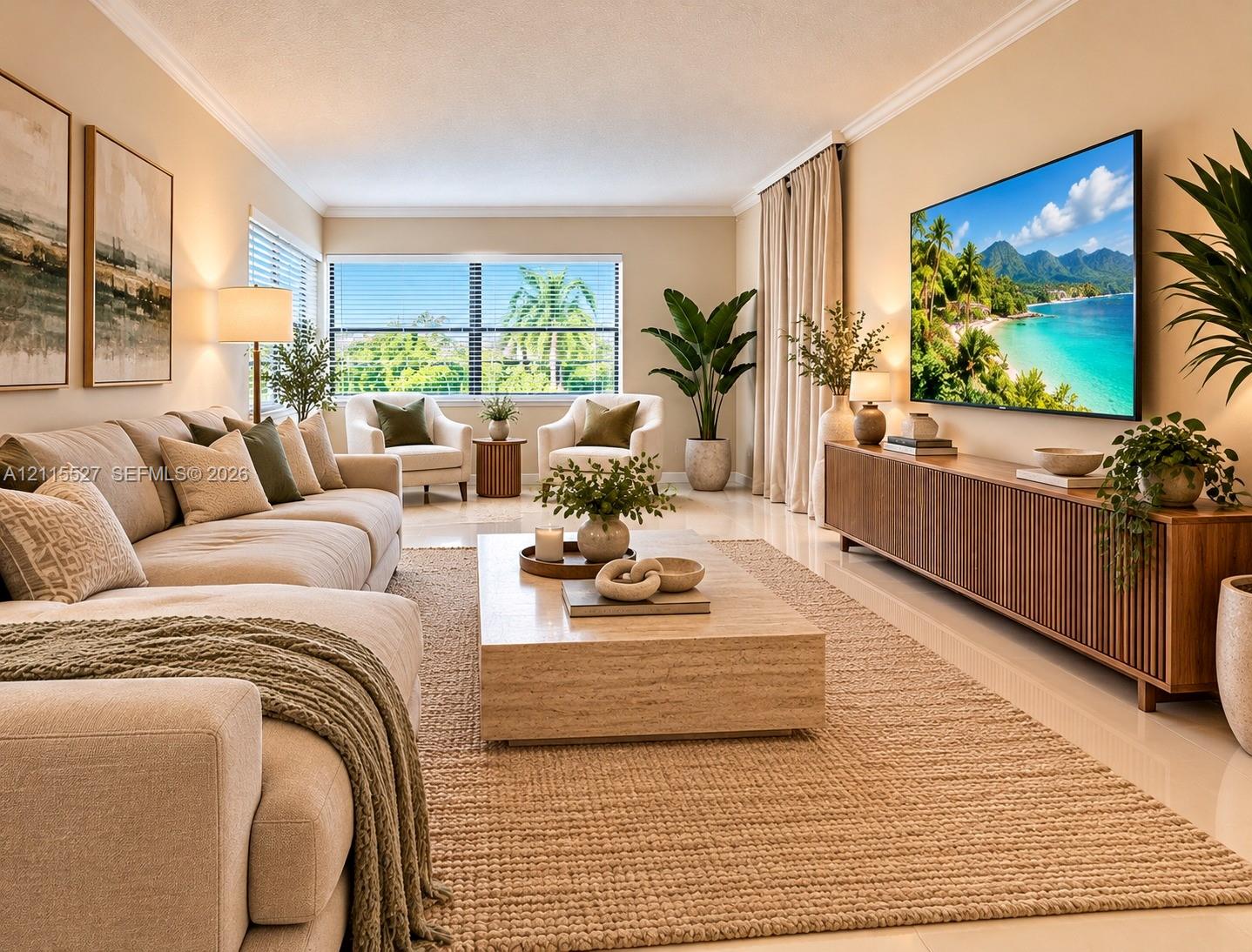 Neutral-toned living space featuring light-colored tile flooring, crown molding, and large horizontal windows