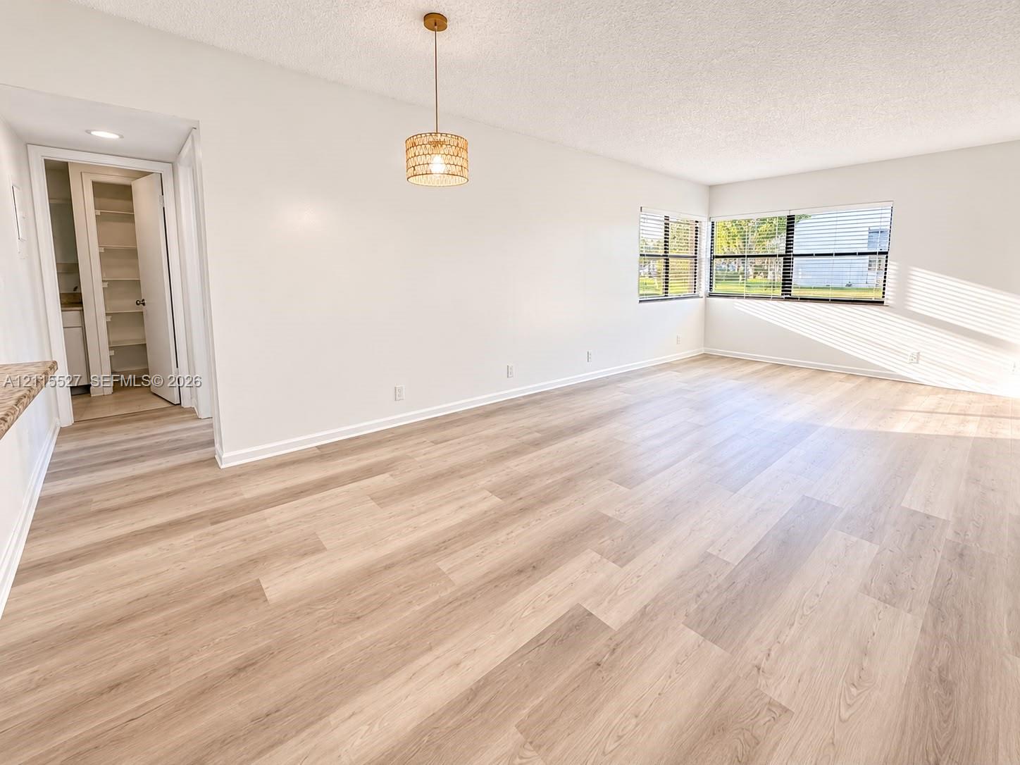Interior space featuring wood-finish flooring, a woven drum pendant light, dual-aspect windows with horizontal blinds, and a built-in walk-in storage pantry