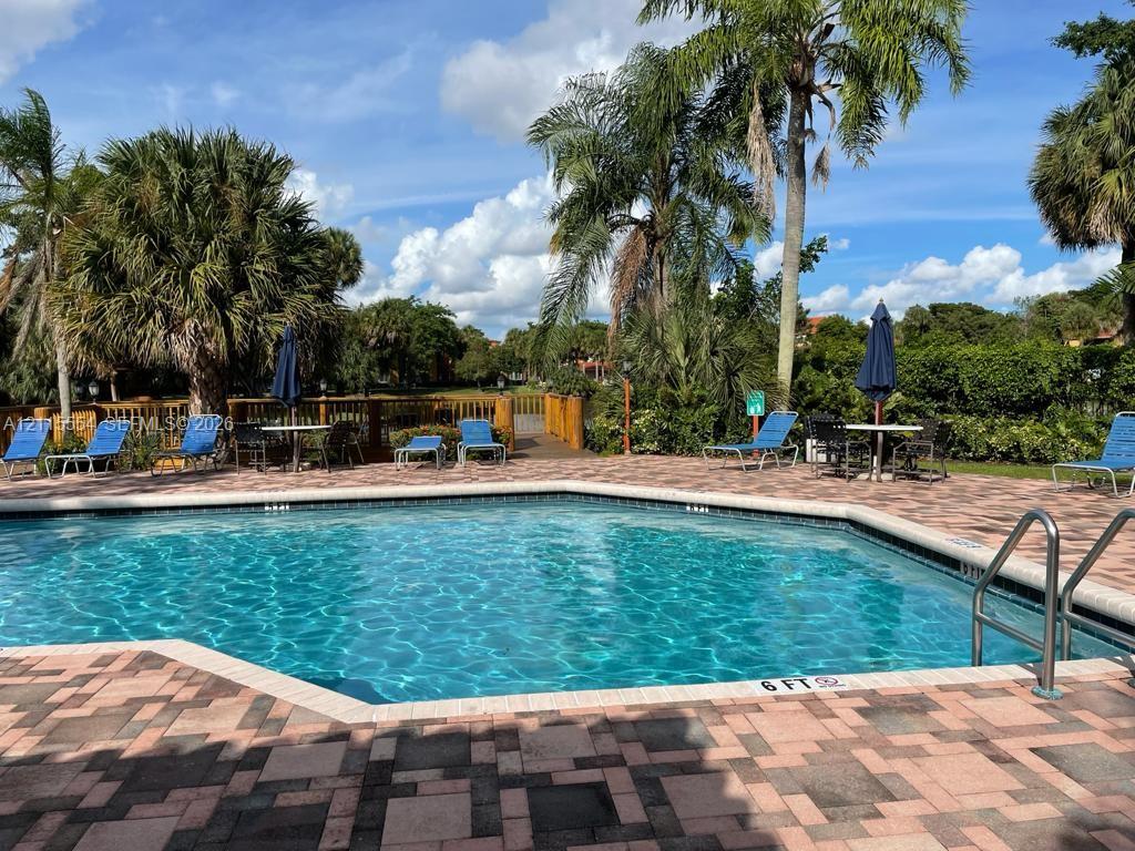 In-ground swimming pool with stone paver decking, metal entry rails, and surrounding mature palm trees