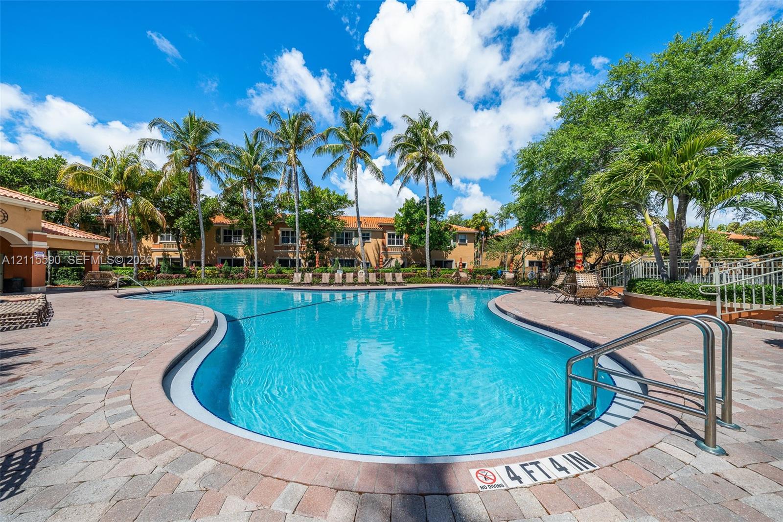 In-ground swimming pool featuring paver decking, metal entry rails, and surrounding palm trees