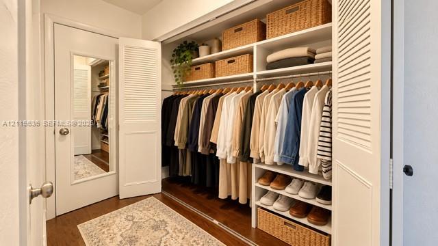 Walk-in closet featuring wood-finish flooring, built-in shelving, integrated hanging rods, and a door with a full-length mirror