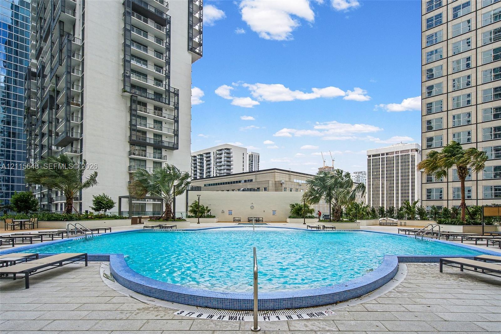 Swimming pool featuring blue tile coping, metallic entry handrails, and a stone-paver pool deck surrounded by integrated landscaping and mature palm trees