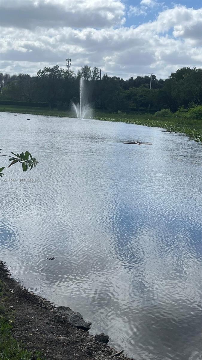 Large lake featuring a central aerating fountain, natural shoreline, and mature tree line