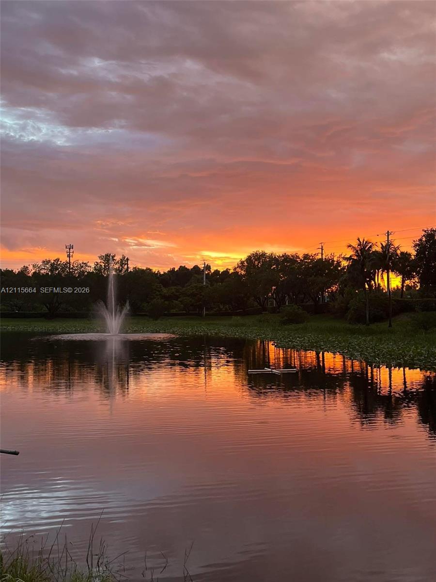 Waterfront pond featuring a central fountain, mature perimeter landscaping, and a sunset backdrop