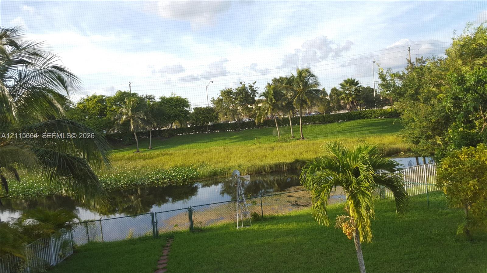 Private backyard featuring a grassy lawn, mature palm trees, a decorative metal windmill, and water frontage with a metal fence enclosure