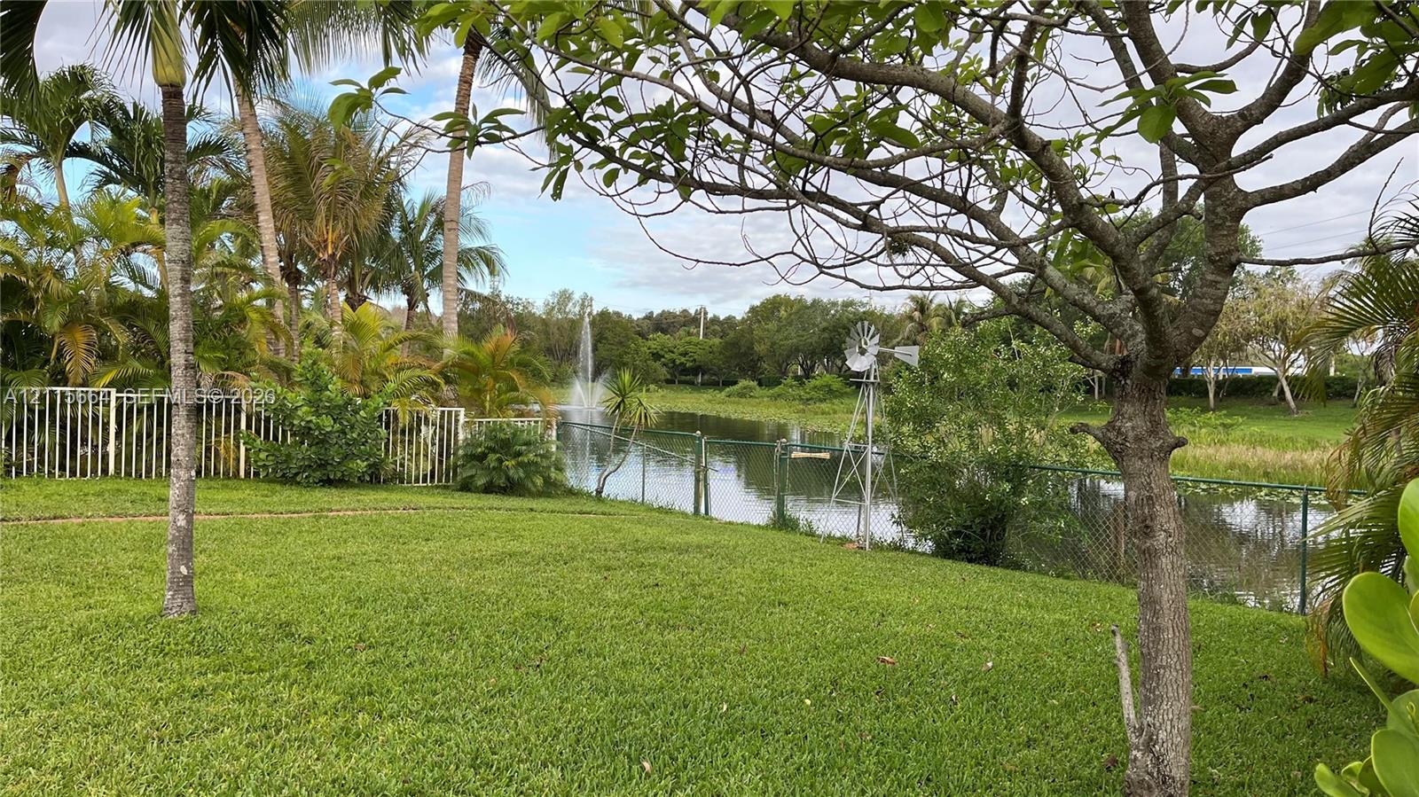 Backyard featuring a sprawling lawn, metal perimeter fencing, mature palm trees, a decorative metal windmill, and a water feature with a fountain