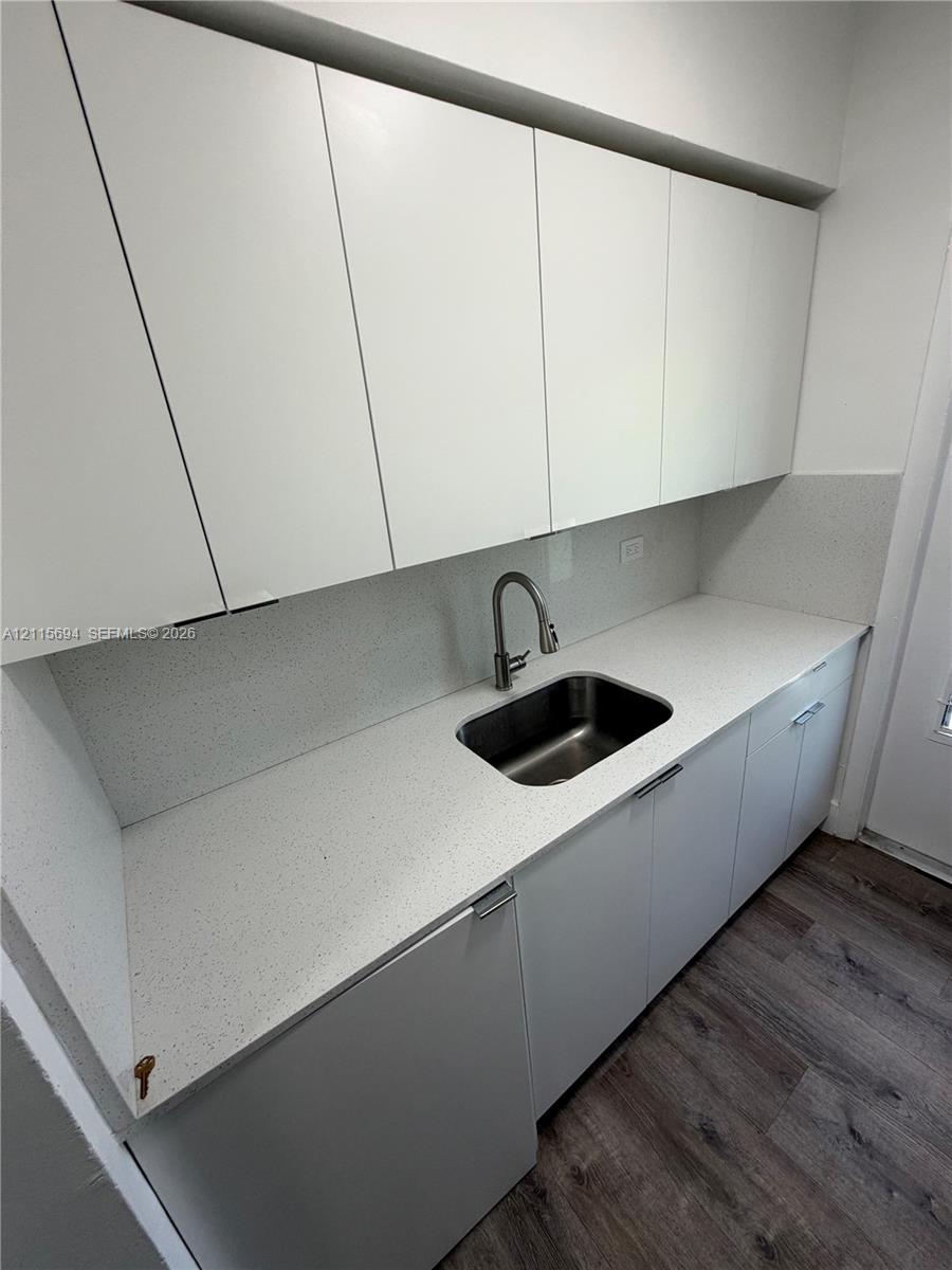Minimalist kitchen featuring flat-panel white cabinetry, speckled composite countertop, stainless steel undermount sink with arched faucet, and wood-finish flooring
