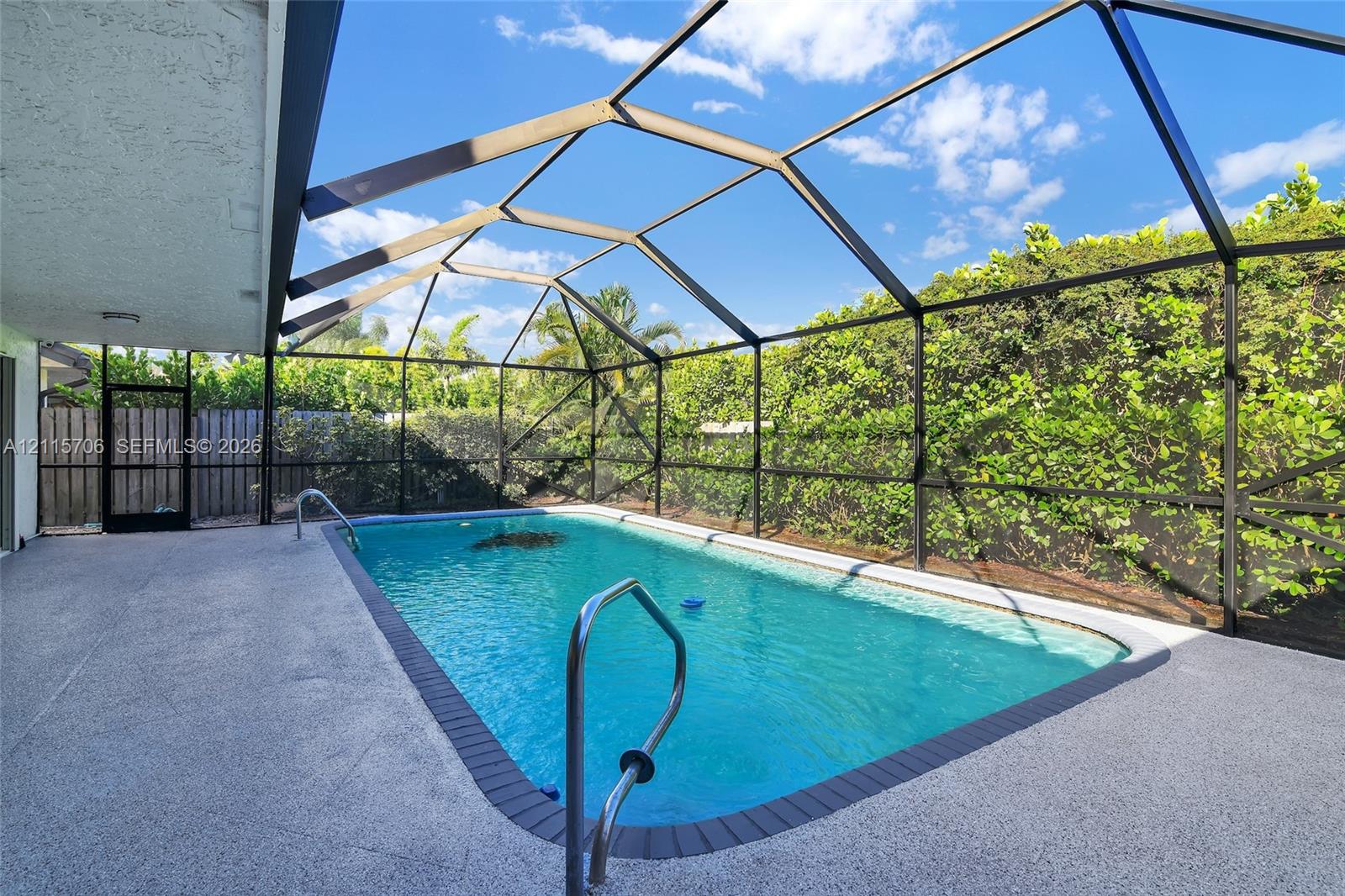 Screen-enclosed swimming pool featuring a textured concrete deck, metal handrails, and surrounding privacy hedges
