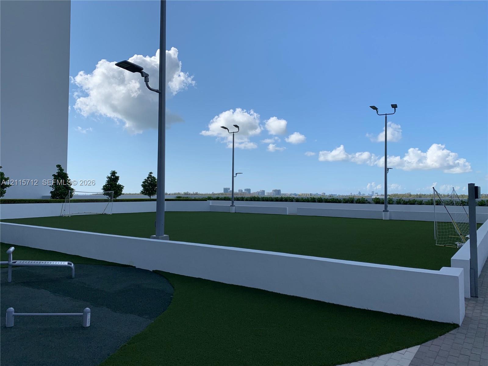 Outdoor recreation area featuring artificial turf, perimeter concrete walls, tall stadium-style lighting, and paved pathways