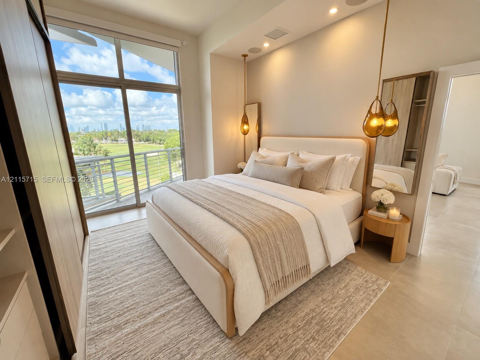 Floor-to-ceiling windows, large-format tile flooring, built-in floor-to-ceiling cabinetry, dual pendant lighting, and an exterior balcony with railing