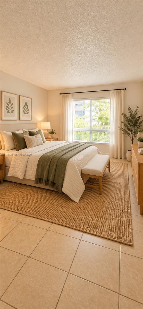 Neutral-toned walls, large window with curtain rod, and tile flooring
