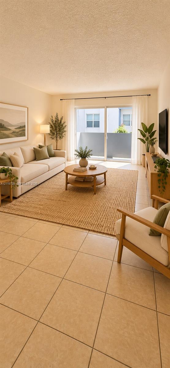 Neutral-toned ceramic tile flooring, sliding glass door, and solid-surface wall construction