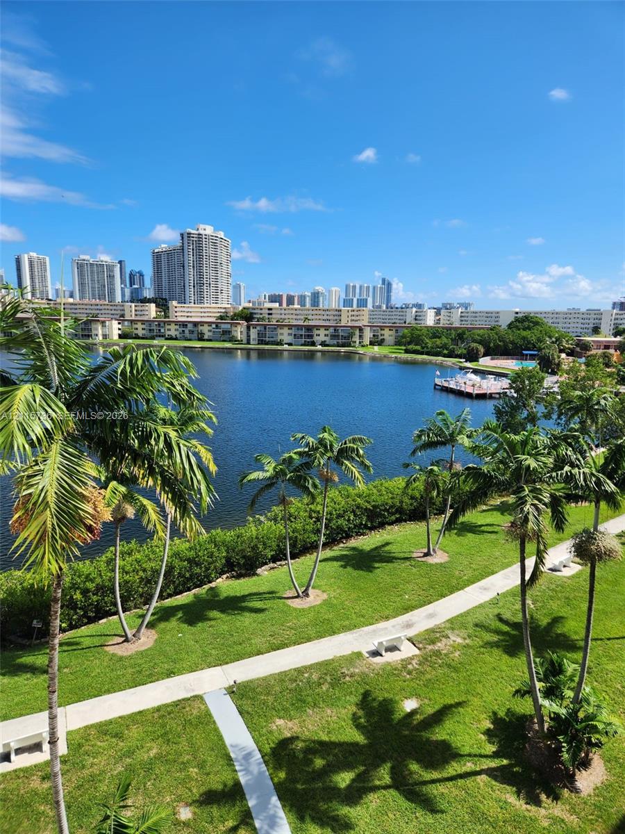 Waterfront property grounds featuring a lake, paved walking paths, mature palm trees, and a wooden dock