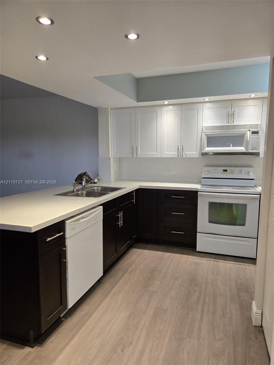 Kitchen featuring two-tone shaker cabinetry, quartz countertops, integrated stainless steel dual-basin sink, recessed lighting, and wood-finish flooring