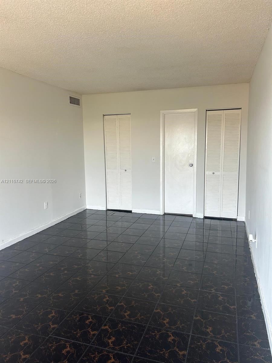 Interior space featuring dark, patterned tile flooring, dual louvered-style closet doors, and a solid-panel door