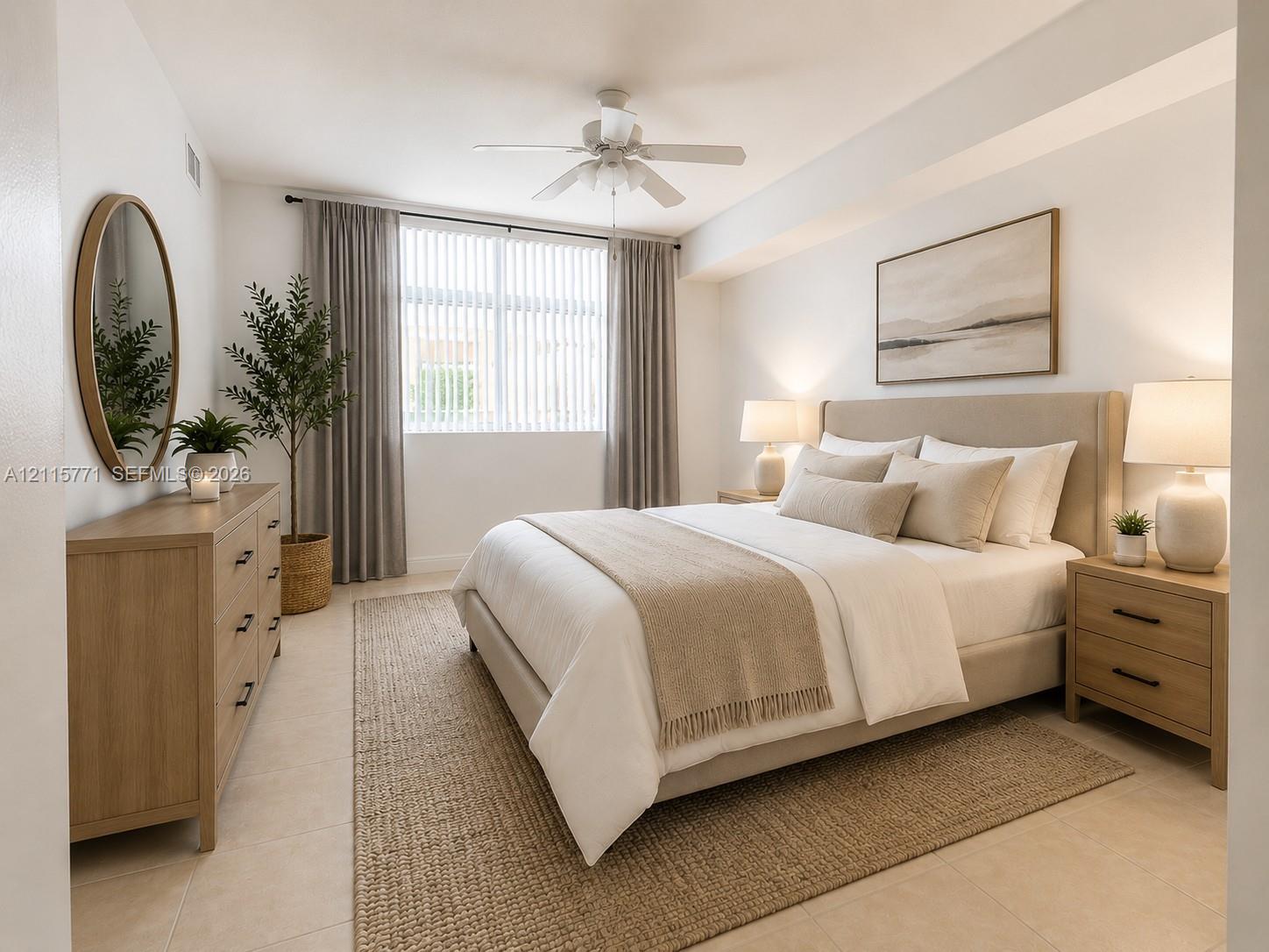 Neutral tone interior featuring tile flooring, ceiling fan, and window with vertical blinds