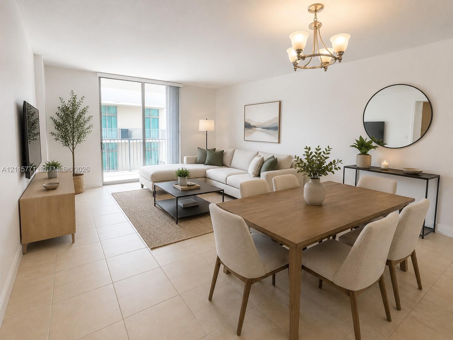 Open-concept living space featuring large-format tile flooring, a multi-arm metallic chandelier, and floor-to-ceiling sliding glass doors opening to an exterior balcony