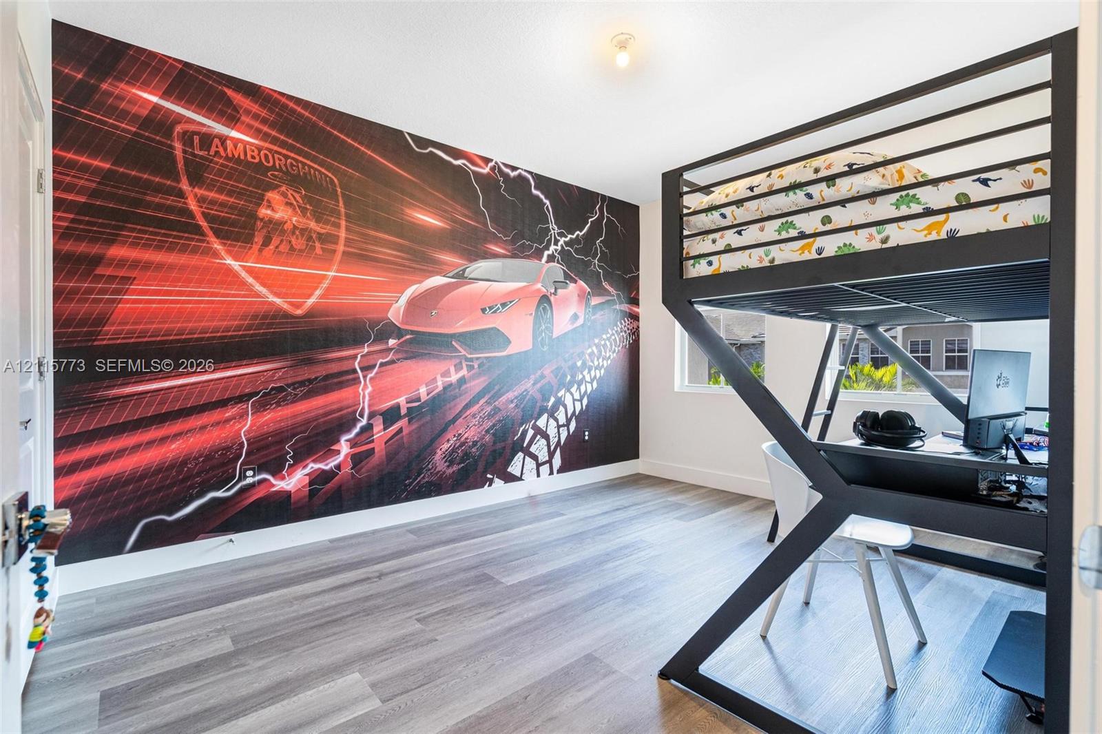 Wood-finish flooring and full-wall graphic application