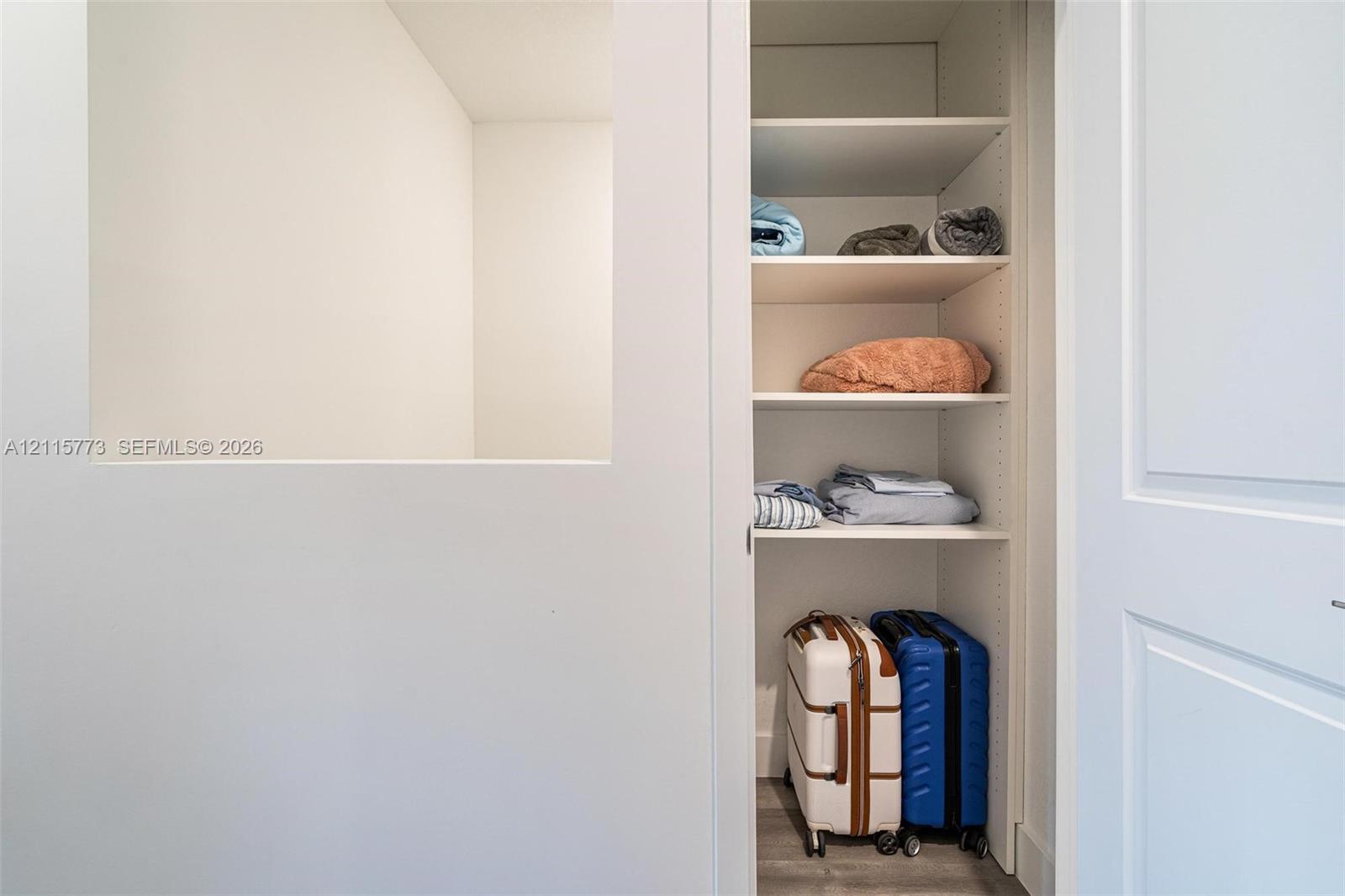Built-in storage closet featuring white shelving and a paneled door