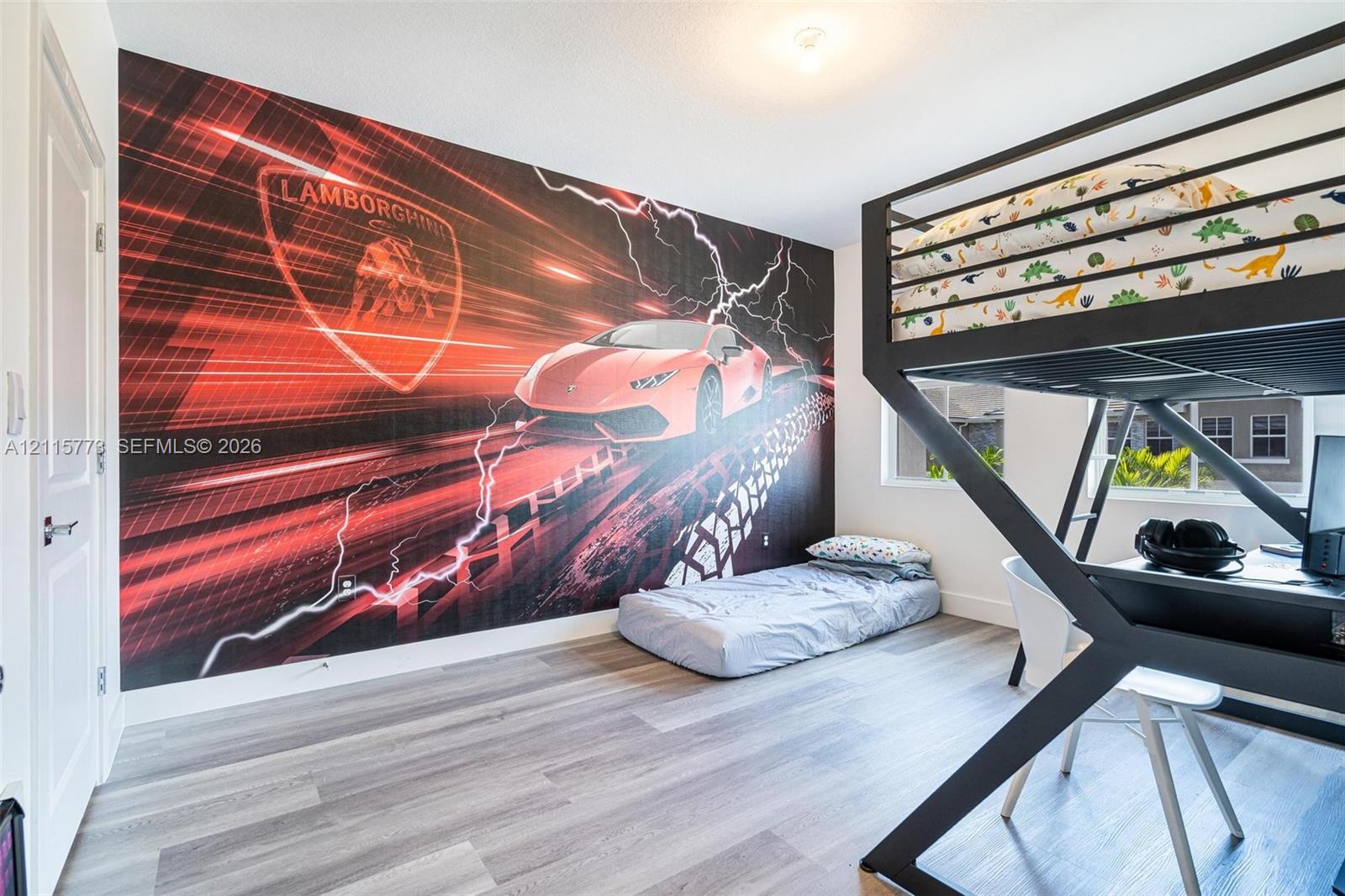 Wood-finish flooring and full-height wall graphic