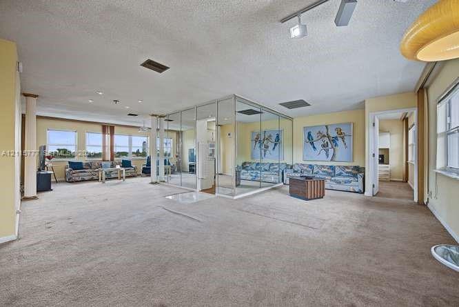 Spacious open-concept living area featuring mirrored room partitions, multiple large-pane windows, and structural columns