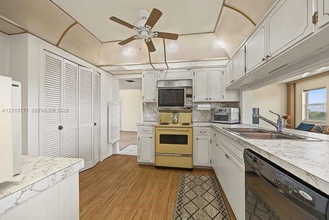 Kitchen featuring white cabinetry, wood-finish flooring, stone-patterned countertops, a stainless steel double-basin sink, and a tray ceiling with a central ceiling fan
