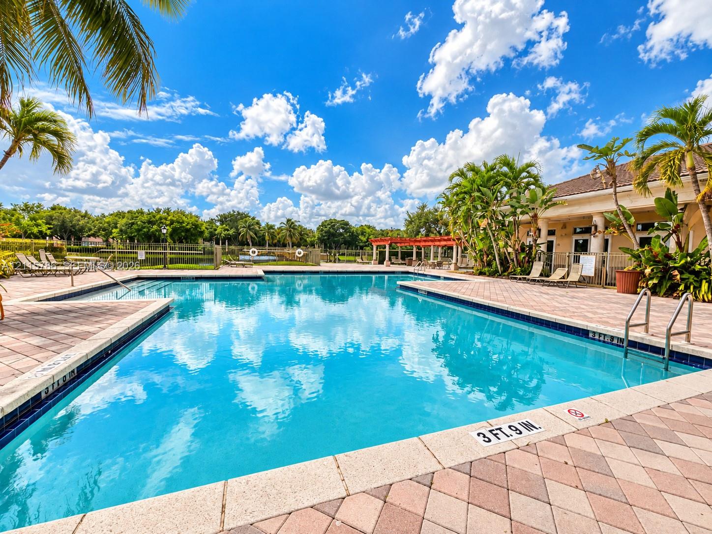 Swimming pool with paver decking, pergola, and mature palm landscaping