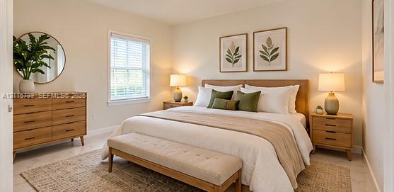 Neutral-toned interior featuring smooth wall finishes, a single-hung window with horizontal blinds, and tile flooring
