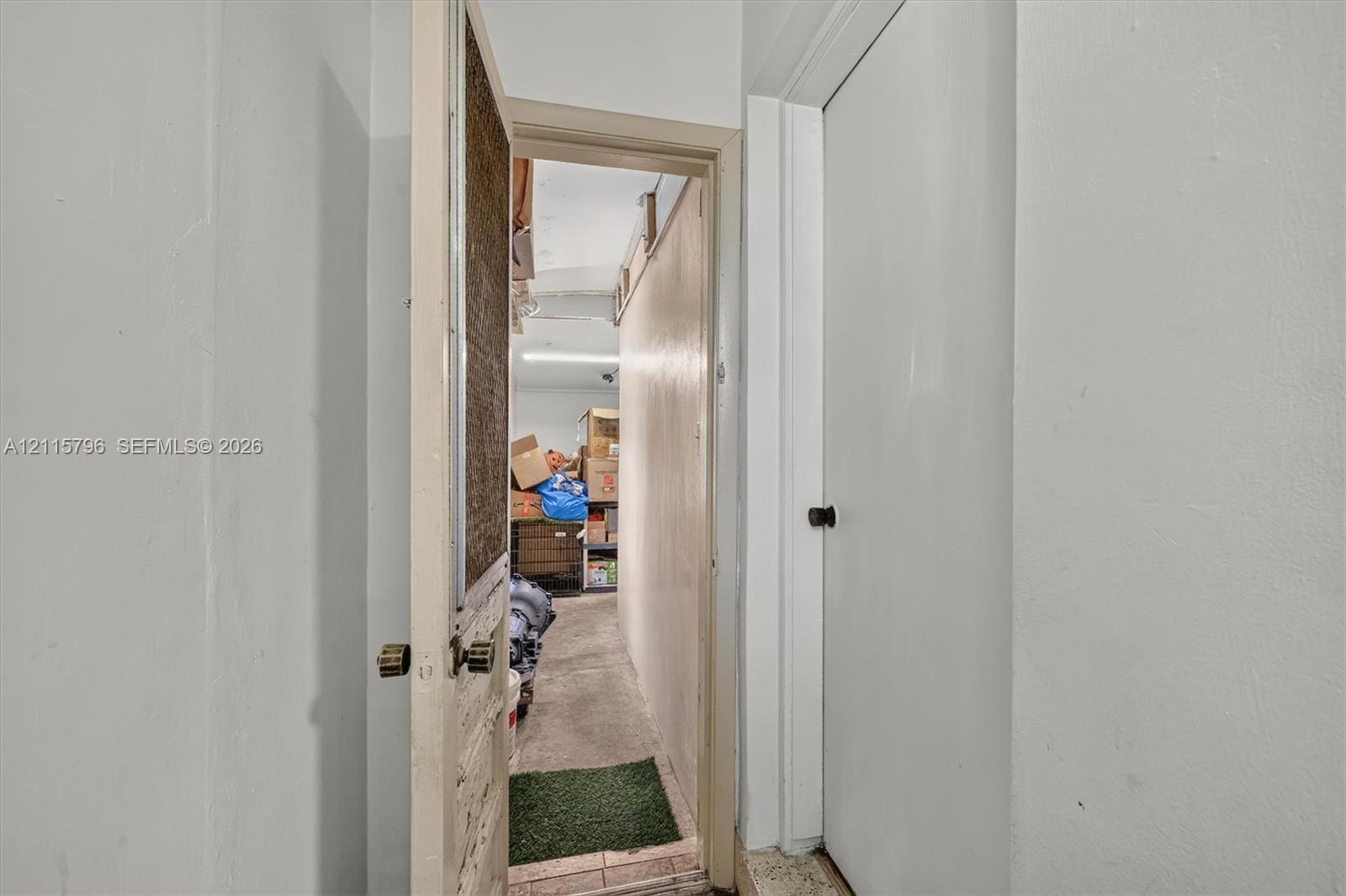 Storage area featuring concrete flooring, painted walls, and a wood-panel door