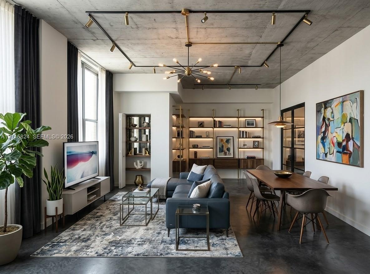 Exposed raw concrete ceiling with integrated track lighting, polished concrete flooring, custom floor-to-ceiling built-in shelving, and black-framed glass paneled doors