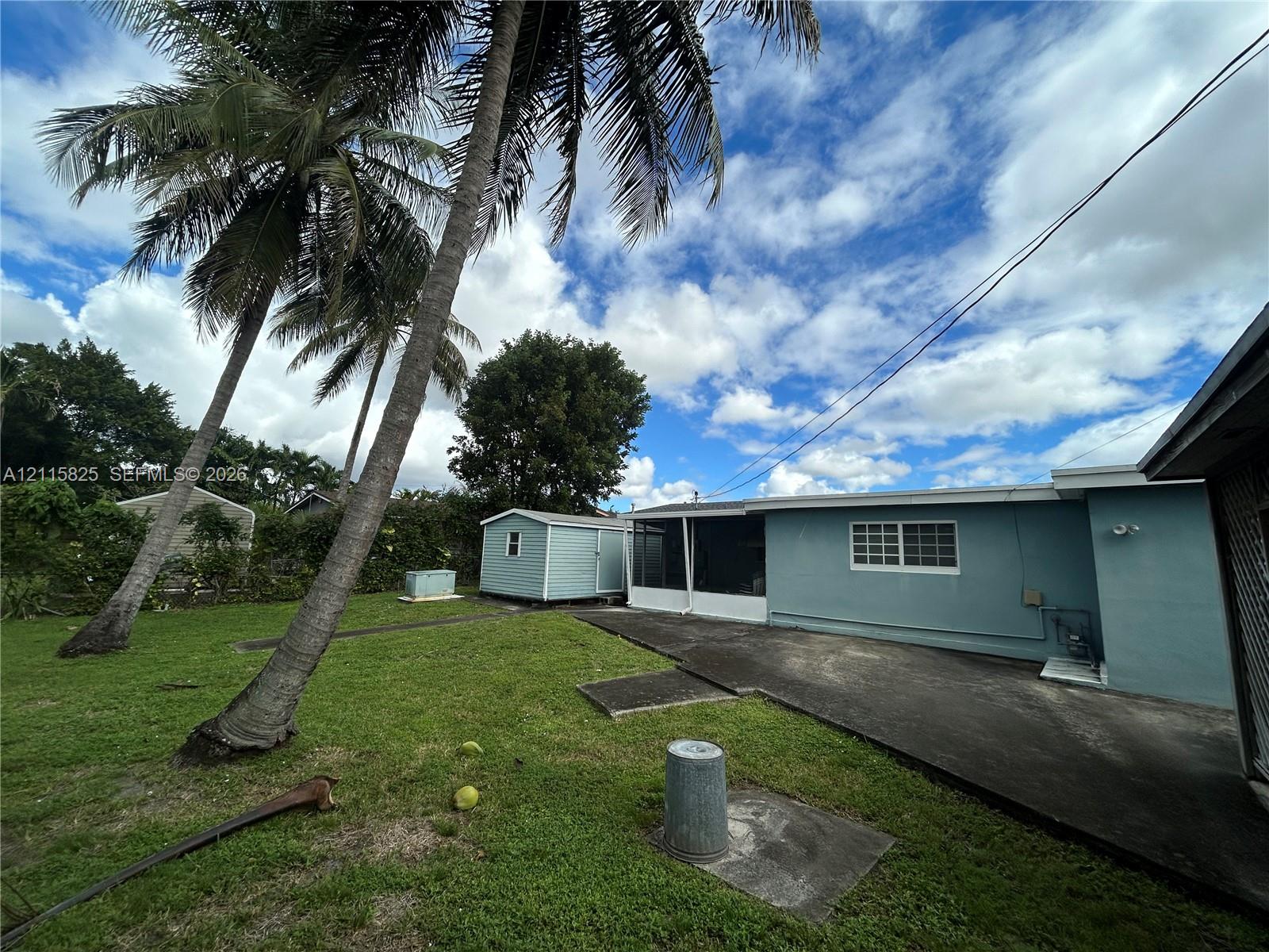 Backyard featuring a concrete patio, screen-enclosed area, detached storage structure, and mature palm trees