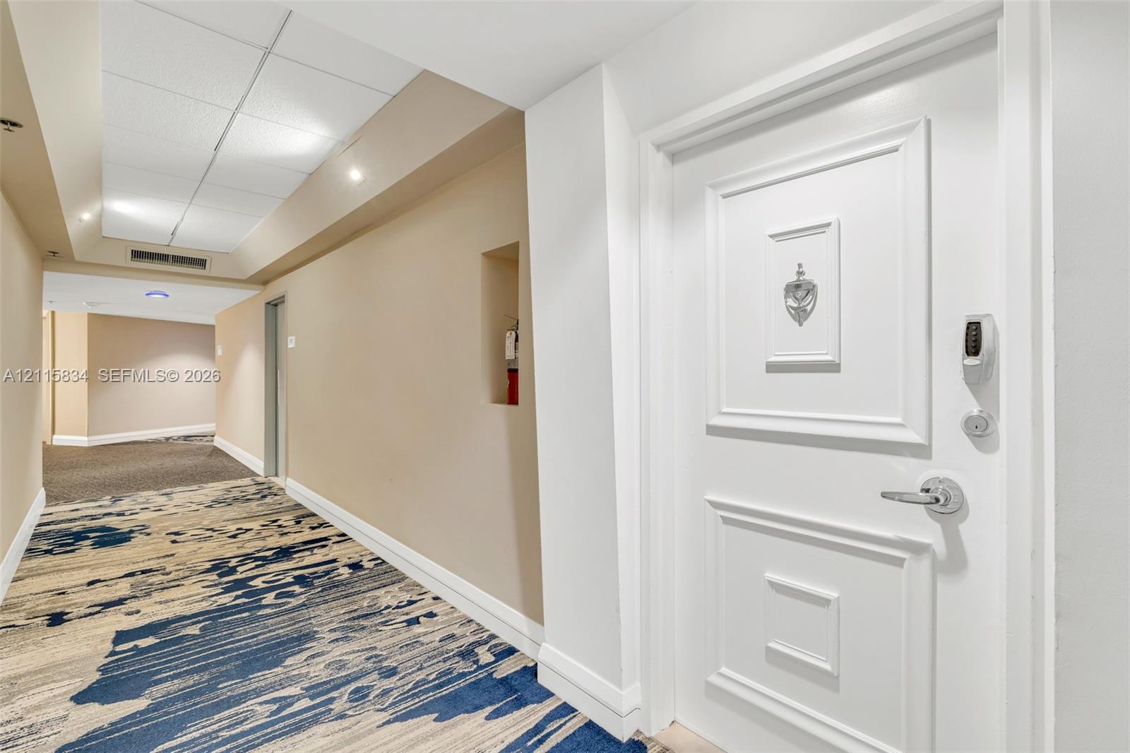 Entryway featuring a white paneled door with a metallic door knocker and electronic keypad deadbolt lock, accented by a wall-recessed niche