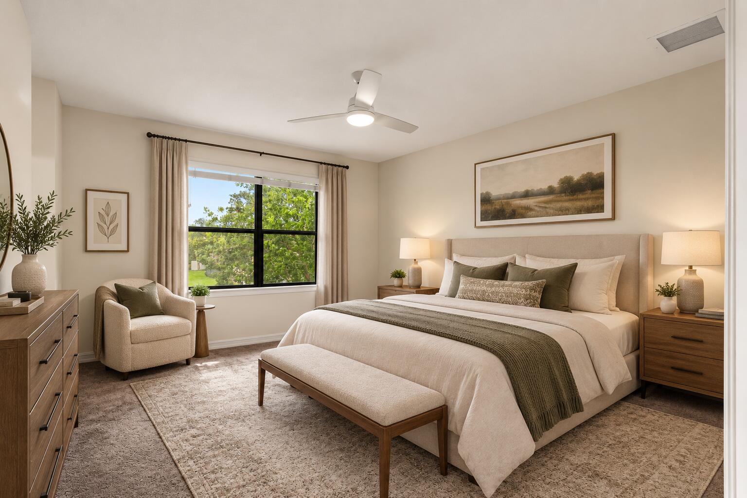 vitually staged primary bedroom