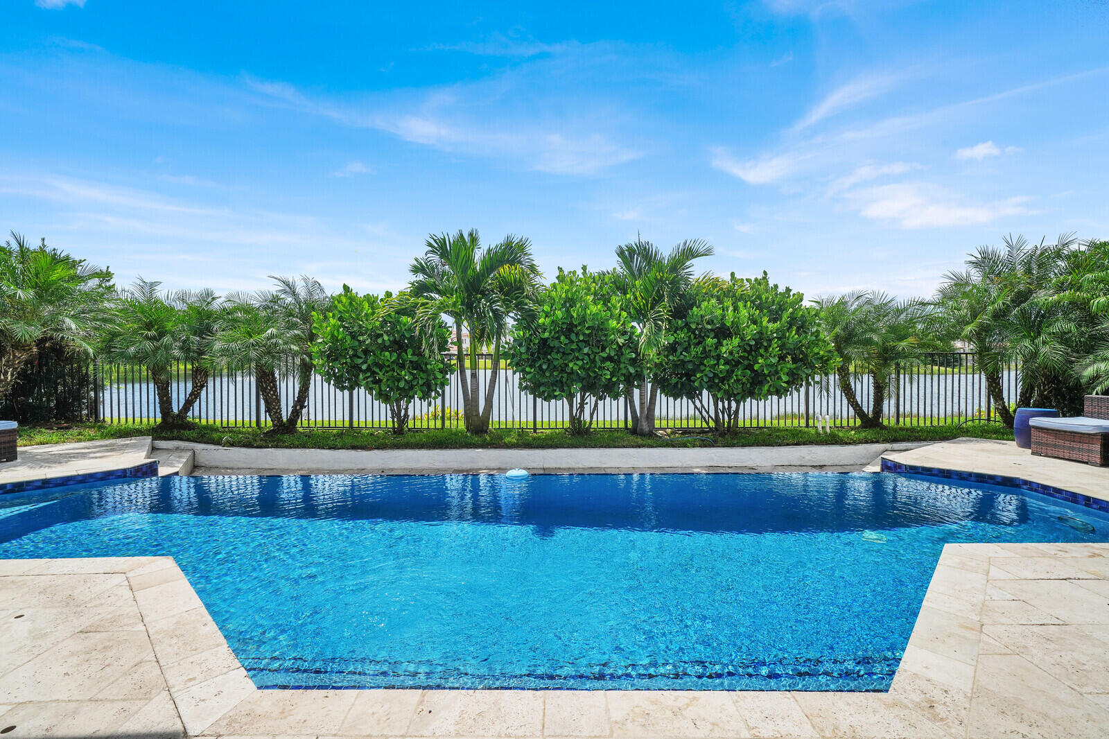 Outdoor swimming pool with integrated spa and light-toned coping, surrounded by a black metal fence, mature palm trees, and established shrubbery