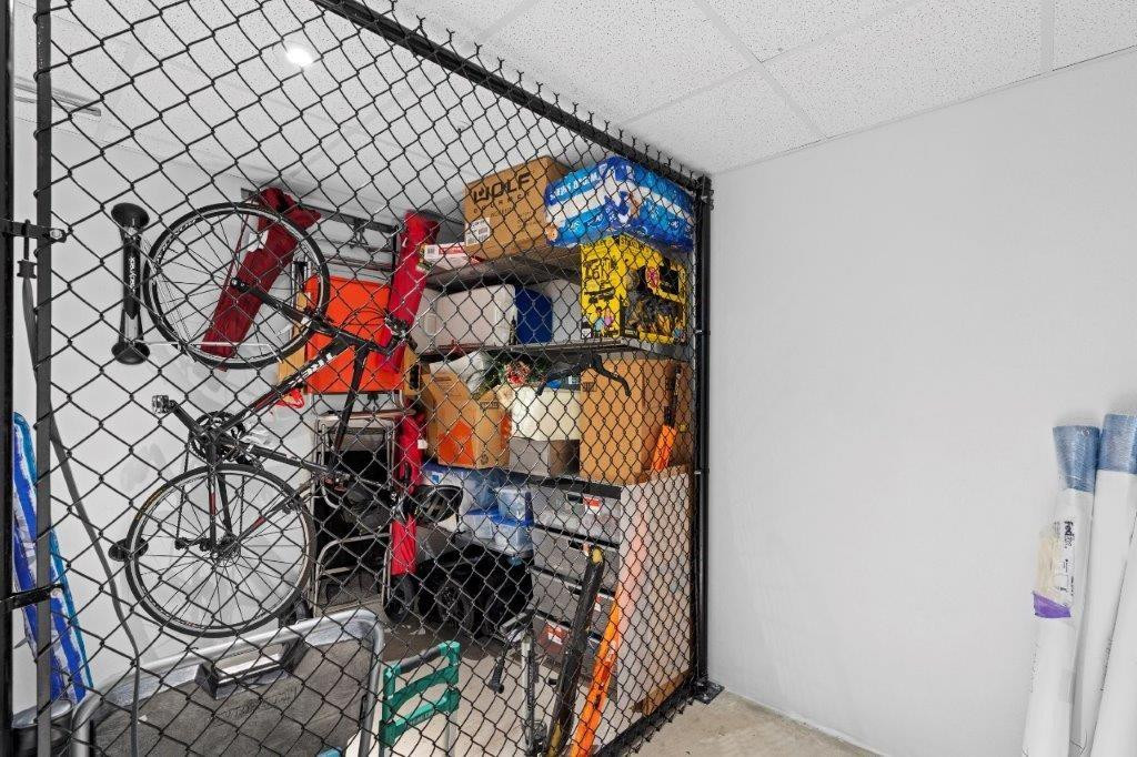 Secure storage area featuring industrial chain-link fencing, a concrete floor, and a grid ceiling