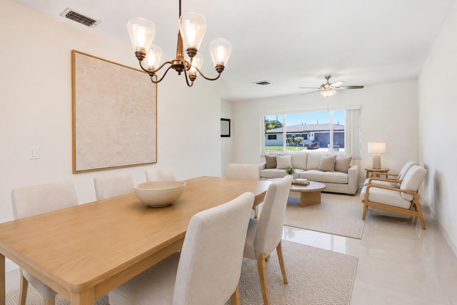 Dining Room with view of Living Room. (virtually staged for illustrative purposes; no permanent features or finishes have been altered) Dining Room with view of Living Room. (virtually staged for illustrative purposes; no permanent features or finishes have been altered)