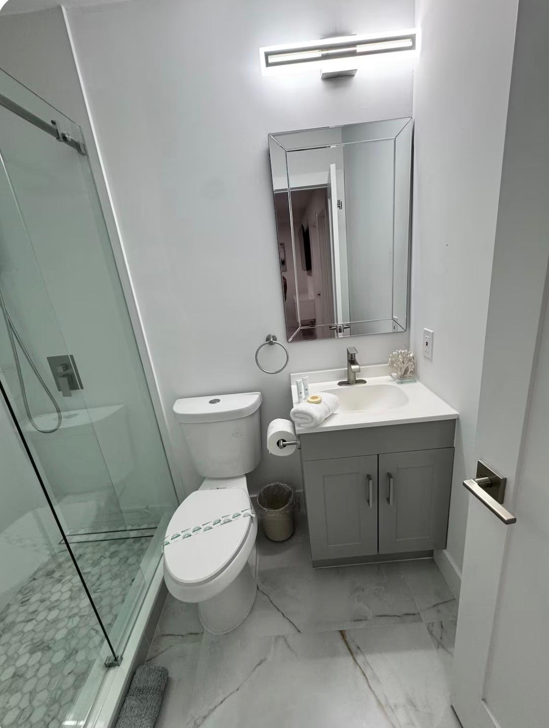 Glass-enclosed shower with pebble-style flooring, white vanity with gray cabinetry, rectangular mirror, and contemporary linear lighting fixture Glass-enclosed shower with pebble-style flooring, white vanity with gray cabinetry, rectangular mirror, and contemporary linear lighting fixture