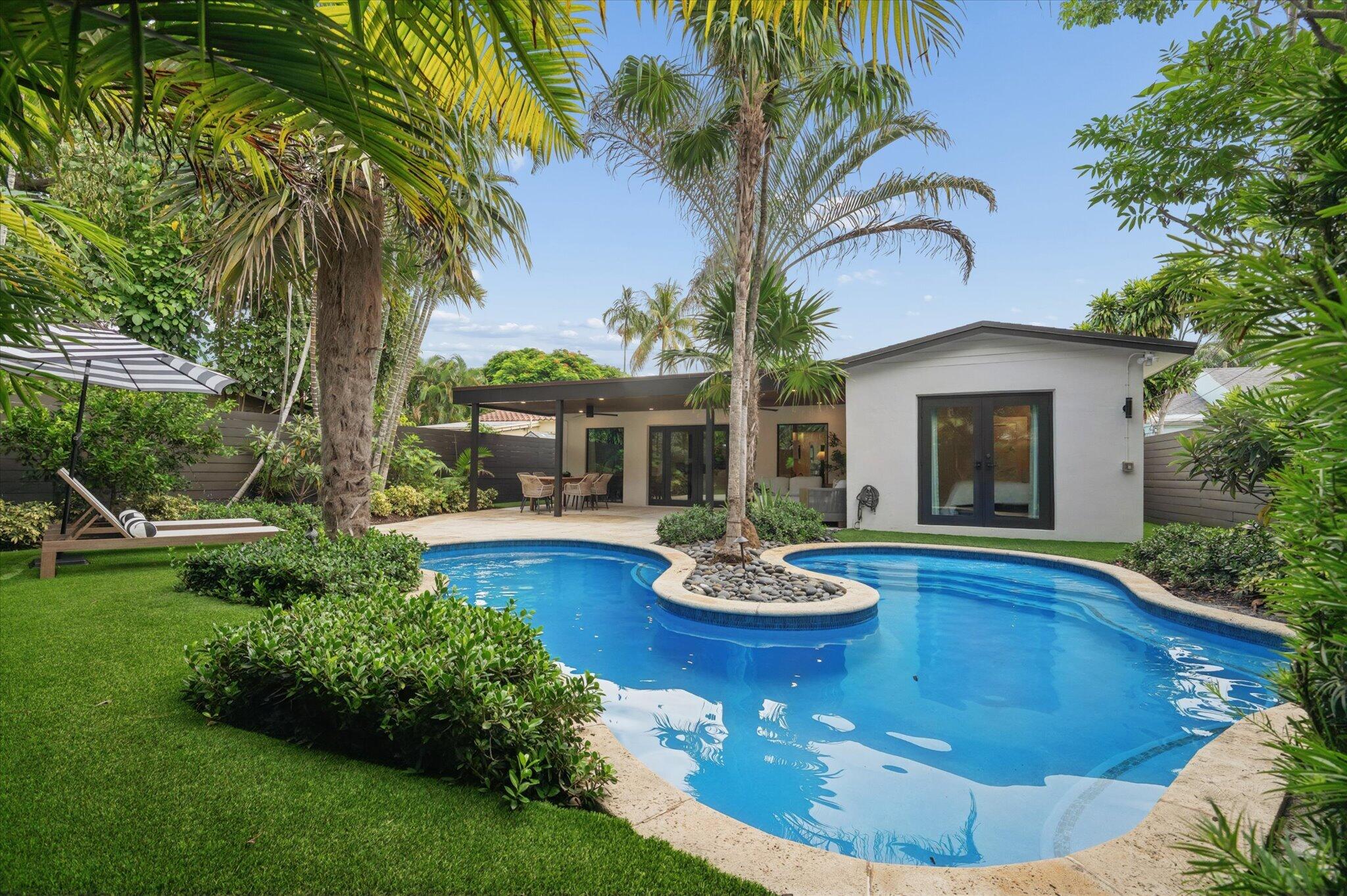 Backyard oasis with heated pool and shaded patio Backyard oasis with heated pool and shaded patio